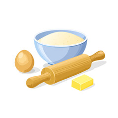 Baking ingredients: flour, egg, butter, and rolling pin still life