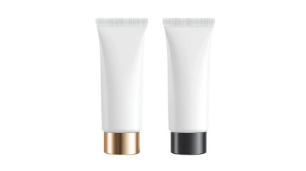 Two white cosmetic tube mockups for cream or lotion with gold and black caps.