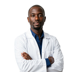 Confident African Male Doctor in White Coat Standing with Arms Crossed Against Black Background, Exuding Professionalism and Expertise in Medical Field