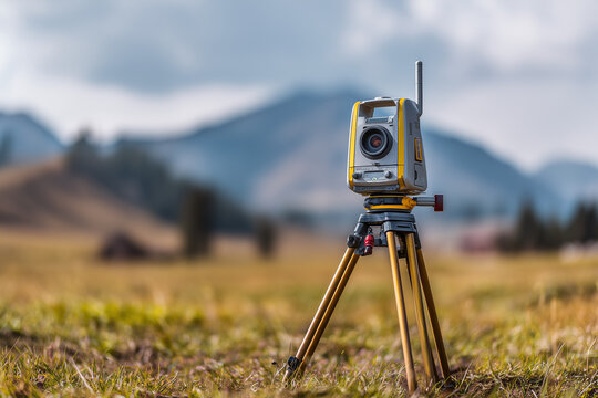 Close-up of a GNSS (GPS) surveying equipment setup on tripod in a grassy field, with blurred mountains.