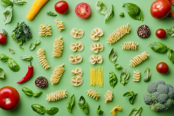 Colorful pasta variety with fresh vegetables on green background