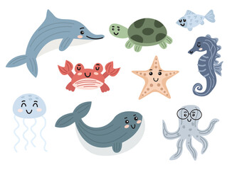 Illustration of sea world stickers on gray background.