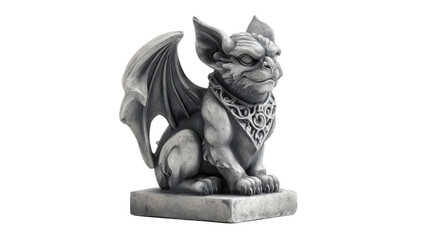 Stone gargoyle statue with wings perched on a plinth isolated on transparent background.
