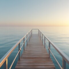 Fototapeta premium A realistic scene of a wooden dock with a metal railing extending over calm water, golden hour lighting, soft shadows, tranquil sea, clear sky with warm gradient from light blue to yellow