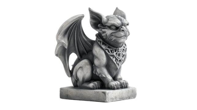 Stone gargoyle statue with wings perched on a plinth isolated on transparent background.
