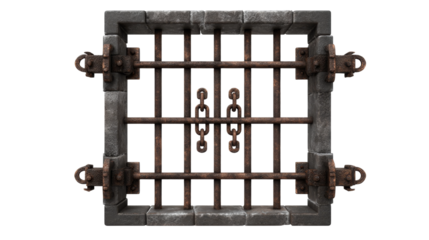 Stone framed prison bars with rusty chains and locking mechanism, isolated on transparent background.

