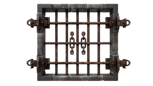 Stone framed prison bars with rusty chains and locking mechanism, isolated on transparent background.

