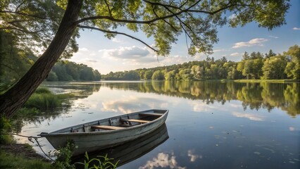 A small boat rests on the calm lake reflecting the sky and trees