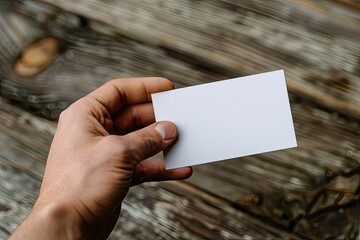High Detail Image of Business Card Mockup Held by a Hand on a Wooden Table