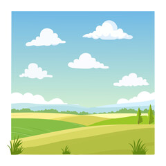 Cartoon Landscape with Hills, Clouds, and Trees in Daytime