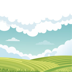Cartoon landscape with rolling green hills and cloudy sky on a sunny day.