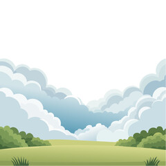 Obraz premium Cartoon Landscape with Clouds, Green Field, and Bushes in Sunny Weather