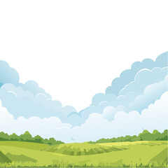 Obraz premium Cartoon Landscape of Green Field and Cloudy Sky Illustration
