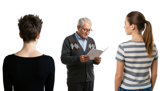 Serious senior man reading a document to two young women listening intently. Family meeting or legal announcement.
