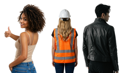 A diverse group of three young people from behind. A smiling Black woman gives a thumbs up, a female engineer in a hard hat, and an Asian man in a leather jacket.