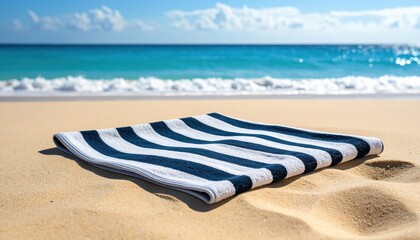 Obraz premium Bright striped beach towel spread out on golden sand, background — turquoise ocean waves.