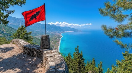 Naklejka premium Flag albania flying against clear blue sky at scenic viewpoint with breathtaking panorama of Mediterranean coast and winding road