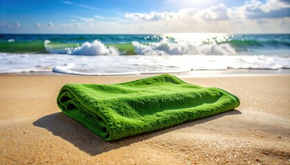 Green towel spread near the surf, waves with foam rolling in close. 