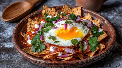 Breakfast chilaquiles presented on authentic wooden plate with flowing egg yolk, crispy chips, savory sauce and fresh herb toppings