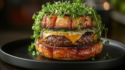Microgreens garnish crowning gourmet burger with glazed bun, melted cheese flow, seasoned patty on dark plate, restaurant style plating, high-end food presentation