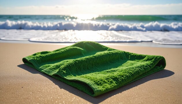 Green towel spread near the surf, waves with foam rolling in close. 