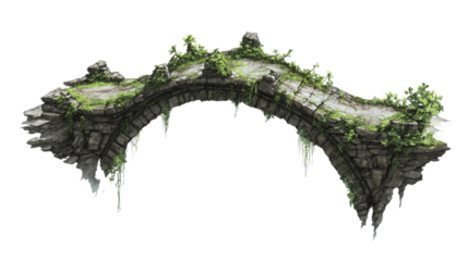 Old ruined stone bridge covered with moss and plants isolated on transparent background.
