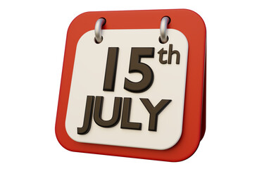 Red calendar with July 15th date highlighted, perfect for scheduling, marking important events, time management, organization, reminders, planning tools. 3D Rendering.
