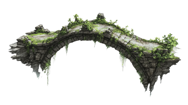 Old ruined stone bridge covered with moss and plants isolated on transparent background.
