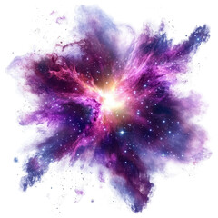 Purple explosion with galactic nebula colors, dynamic purple explosion with hues of galactic nebula colors, isolated on transparent background