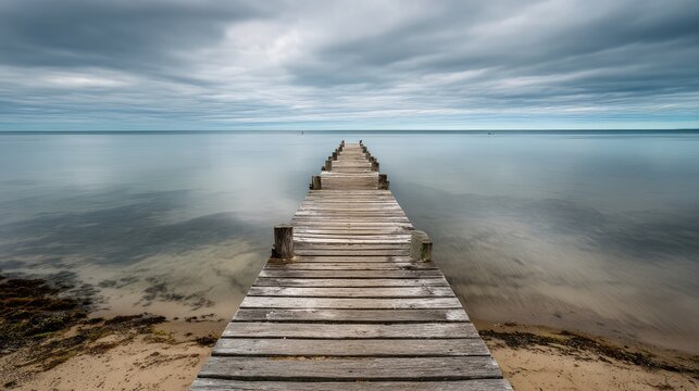 Wooden pier stretching into calm ocean, a serene escape into simplicity and peace
