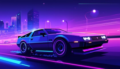 Fototapeta premium Retro car racing through neon-lit futuristic city at night