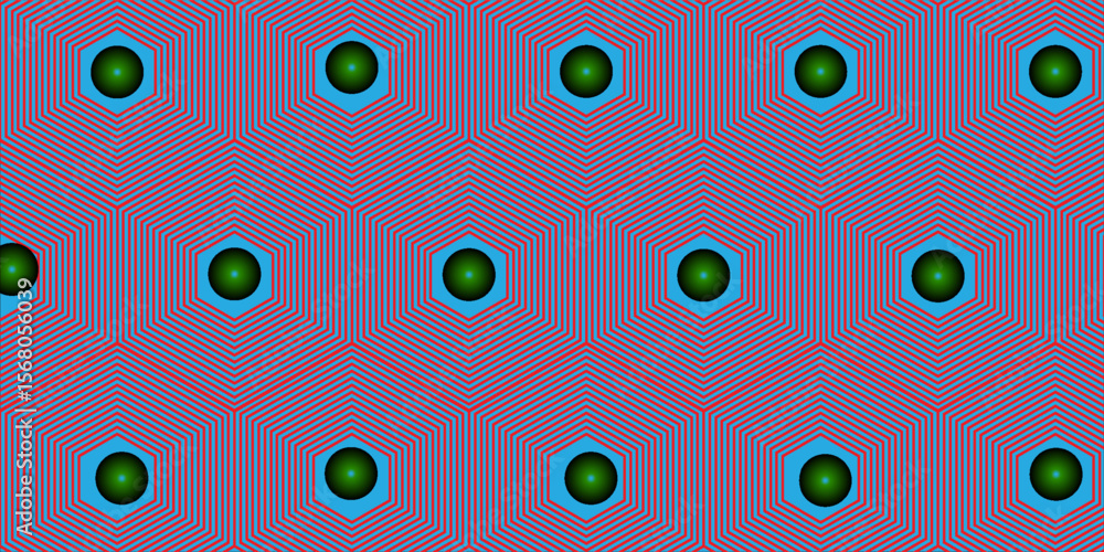 Poster abstract geometric pattern featuring green spheres surrounded by radiating hexagons on a vibrant tex