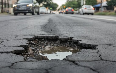 A close up of a pothole in the middle of the street