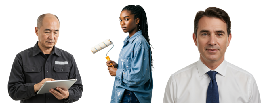 A Tripartite Representation of Diverse Professionals: A Middle-Aged Asian Male with a Tablet, a Young Black Female Painter, and a Middle-Aged Caucasian Male in Business Attire