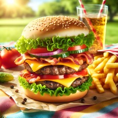 Delicious Double Cheeseburger with Fries and Soda in a Picnic Setting
