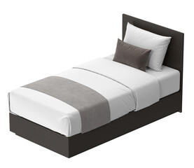High-angle isometric view of a modern single bed with dark wood frame and white linens, isolated on a neutral background. 3D render.