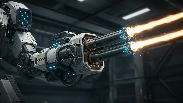 Futuristic Robot Arm with Gatling Gun Firing Energy Blasts in a Sci-Fi Industrial Setting