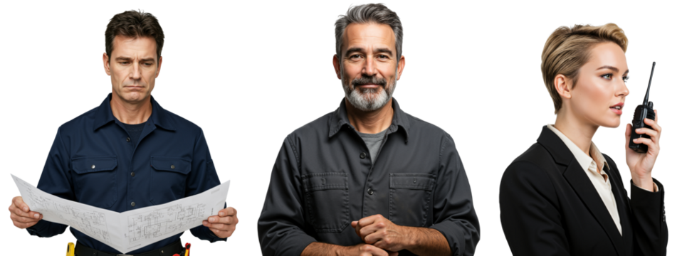 Group of Three Professionals: Middle-Aged Caucasian Male, Hispanic Male, and Young Female in Business Attire Engaged in a Technical Discussion, Isolated on Black Background