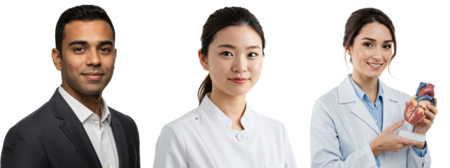 Diverse Group of Medical Professionals: Young Adult Asian Female Doctor, Young Adult South Asian Male Doctor, and Young Adult Caucasian Female Healthcare Worker Holding Anatomical Model