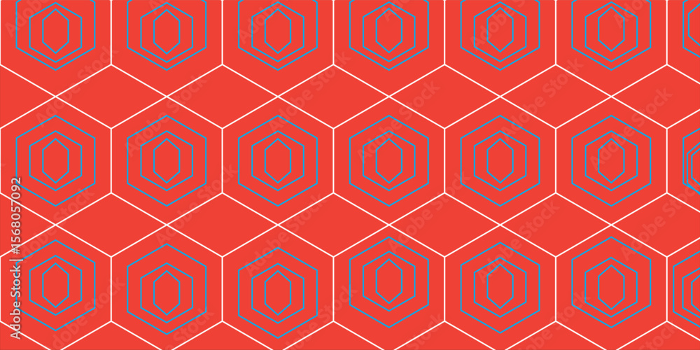 Poster a bold abstract visual featuring a red background with repeating hexagonal shapes and blue outlines,