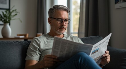 Mature Man with Glasses Reading Newspaper on Sofa, Concentrating on News