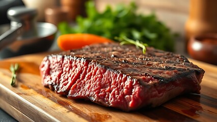 Close-up of premium fillet steak on a wooden cutting board, showcasing rich meat texture in warm lighting.