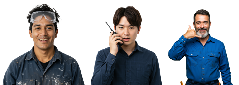 A Diverse Group of Male Tradespeople: A Hispanic Worker in Safety Gear, an Asian Professional on the Phone, and a Caucasian Man Gesturing with a Smile Against a Black Background