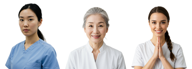 Three Female Healthcare Practitioners of Varying Ages: A Young Asian Woman in Scrubs, a Mature Asian Woman with Gray Hair, and a Caucasian Woman in a White Uniform Displaying an Engaging Smile