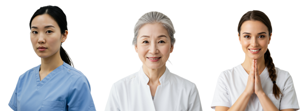 Three Female Healthcare Practitioners of Varying Ages: A Young Asian Woman in Scrubs, a Mature Asian Woman with Gray Hair, and a Caucasian Woman in a White Uniform Displaying an Engaging Smile
