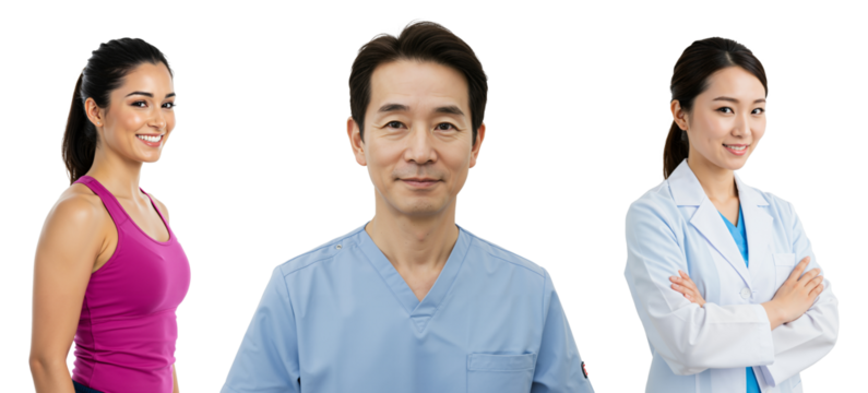 A Middle-Aged Asian Male in Medical Scrubs and Two Young Female Fitness Enthusiasts in Athletic Wear Displaying a Collaborative Atmosphere for Health and Wellness Promotion