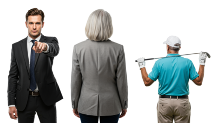Young businessman pointing, choosing between a career woman and a retired senior golfer. Concept of recruitment, career choice, and retirement.