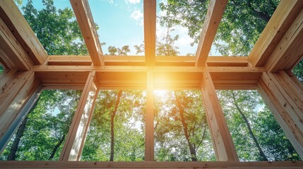 Wooden structure interior looking up to sky and trees.