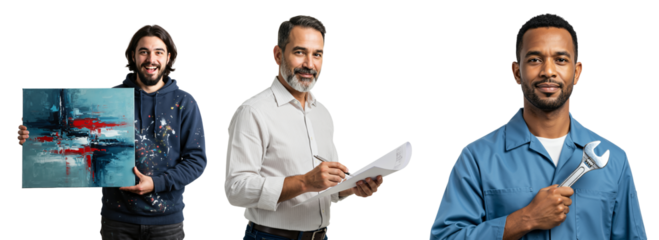 Diverse group of skilled male professionals: a young caucasian artist holding abstract artwork, a mature hispanic businessman reviewing documents, and a young african american mechanic with a wrench.