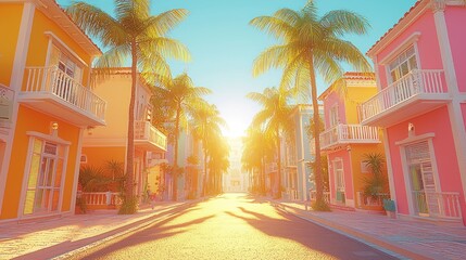Obraz premium Colorful houses lining sunny road with palm trees